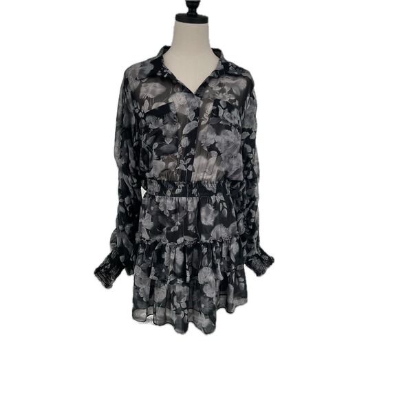 MISA Los Angeles L Black Gray Floral Adora Sheer Chiffon Mini Dress Floral